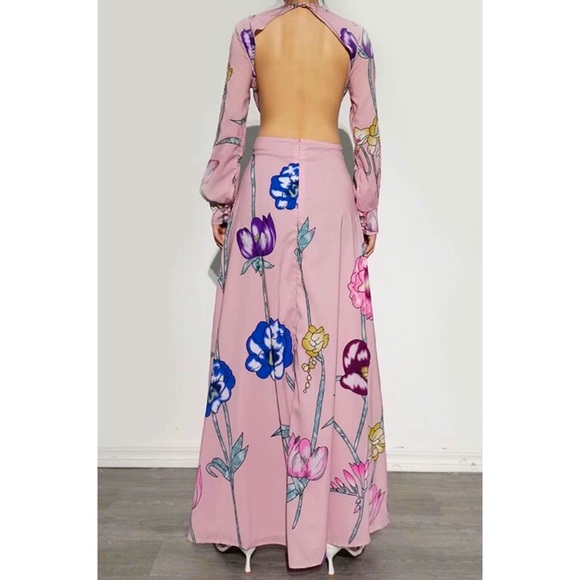 Sexy Backless Floral Print Long Sleeve Maxi Dress - Picture 2 of 6